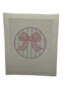Pink Bow on Light Blue Striped Background Needlepoint Canvas