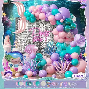 124pcs Mermaid Theme Balloon Chain Set, Ocean Mermaid Shell Fish Tail Latex Balloons, DIY Decoration Props for Birthday Parties, Balloon Party Supplies