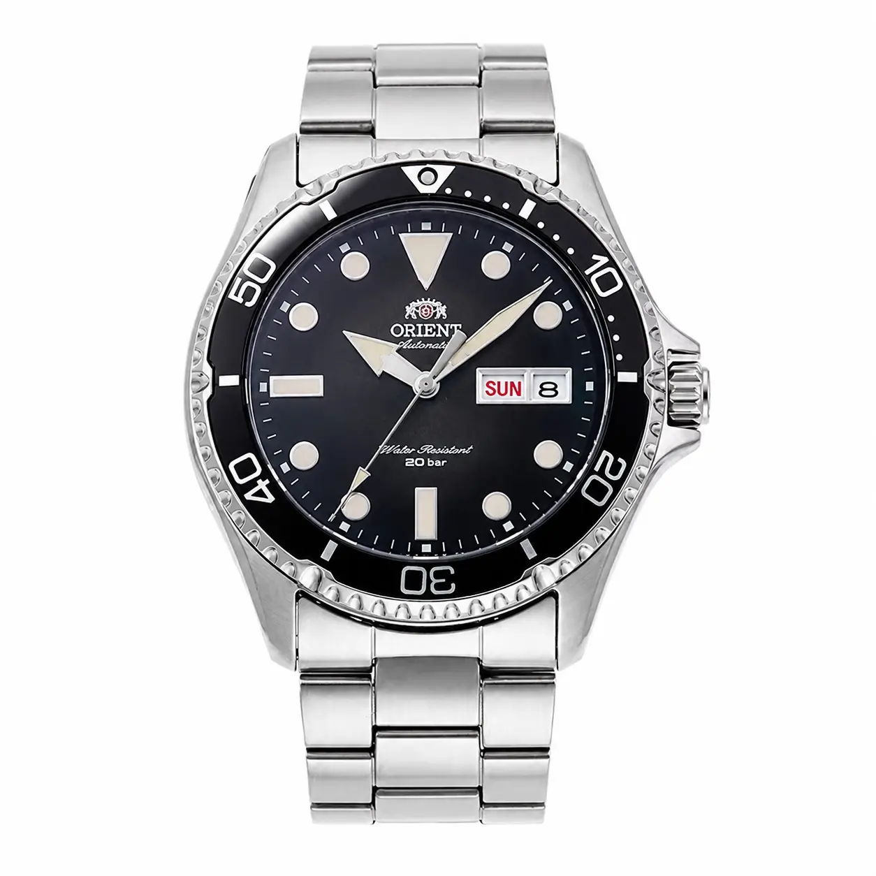 Genuine Orient men automatic diver watch, 20 Bar/200M waterproof for swimming snorkeling daily shower. Luminous dial, dual day-date, stainless steel strap, Japan mechanical movement, nice gift for men loving water sports