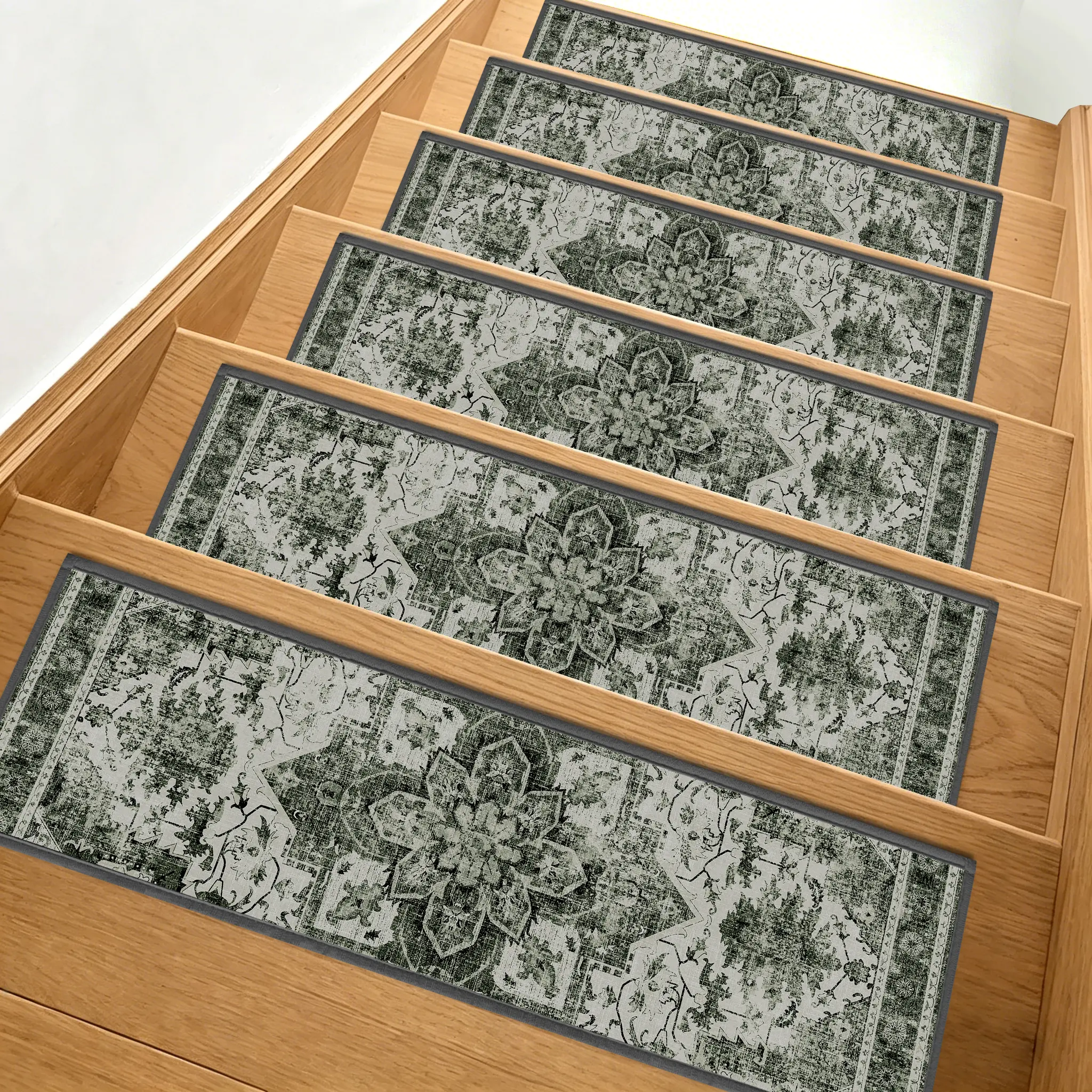 Gtuun 15PCS 8"x30" Peel & Stick Chenille Stair Treads - Reusable, Machine Washable Adhesive Mats for Indoor Steps, Wooden Stairs | Noise-Reducing Floral Non-Slip Pads for Pets [Deals for You Days]