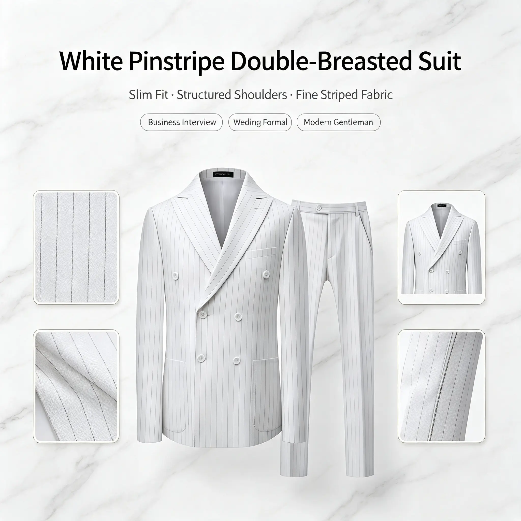 Men’s 2 Piece Slim Fit Pinstripe Suit  Double Breasted Blazer & Matching Dress Pants, Multiple Color & Stripe Options, Ideal for Business Work, Job Interview, Wedding Ceremony, Prom Night, Corporate Events and Formal Occasions for Modern Gentlemen Menswea