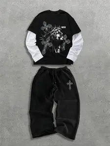 Men's Gothic Style Two-Piece Long Sleeve Top and Pants Set, Religious Culture Pattern, Trendy and Unique, Four Seasons Essential