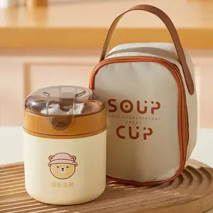 18-ounce Stainless Steel Thermal Lunch Box,SUS304 Stainless Steel Cartoon Sealed Food Container with Portable Insulated Bag, Folding Spoon, Short-term Insulation and Cold Preservation, Travel Food & Dish Transport-Bus Tubs Tableware Foldable