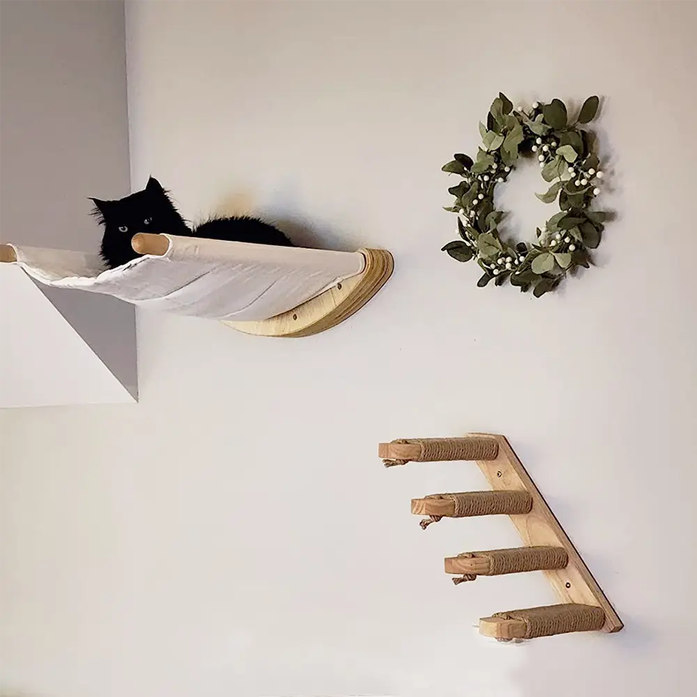 Cat Wall Furniture 2-Piece Set - Wood Wall-Mounted Stairs Hammock Climbing Frame with Sisal Rope Scratching Surface, Universal Neutral Space-Saving Home Decoration for Cat Climbing & Resting #SummerSale