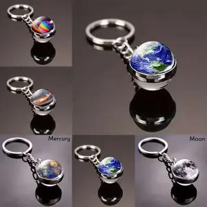 Solar System Metal Keychain, Stylish Keychain, Moon Planet Glass Ball Pendant, Earth Mars Saturn Dual-Sided Design, Space Theme Accessory