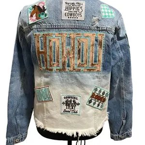 HOWDY Women's Ombré Western Patch Denim Jacket in Turquoise & White - Womenswear, Coats