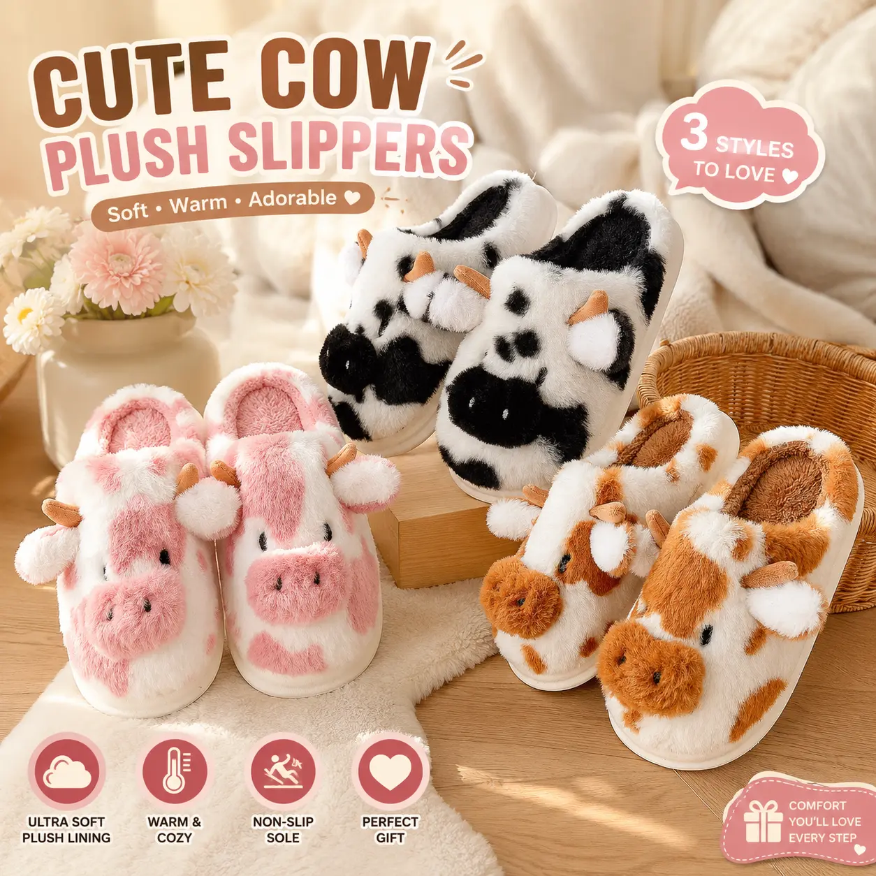 Cute Cow Plush Slippers for Women & Girls – Soft Fuzzy House Slippers, Warm Cozy Indoor Non-Slip Winter Animal Slippers