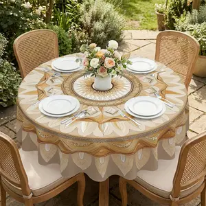 Light gold circular Mandala pattern printed round tablecloth, gentle and elegant style, suitable for all seasons, reusable round tablecloth, suitable for living room, bedroom, dining room scenes