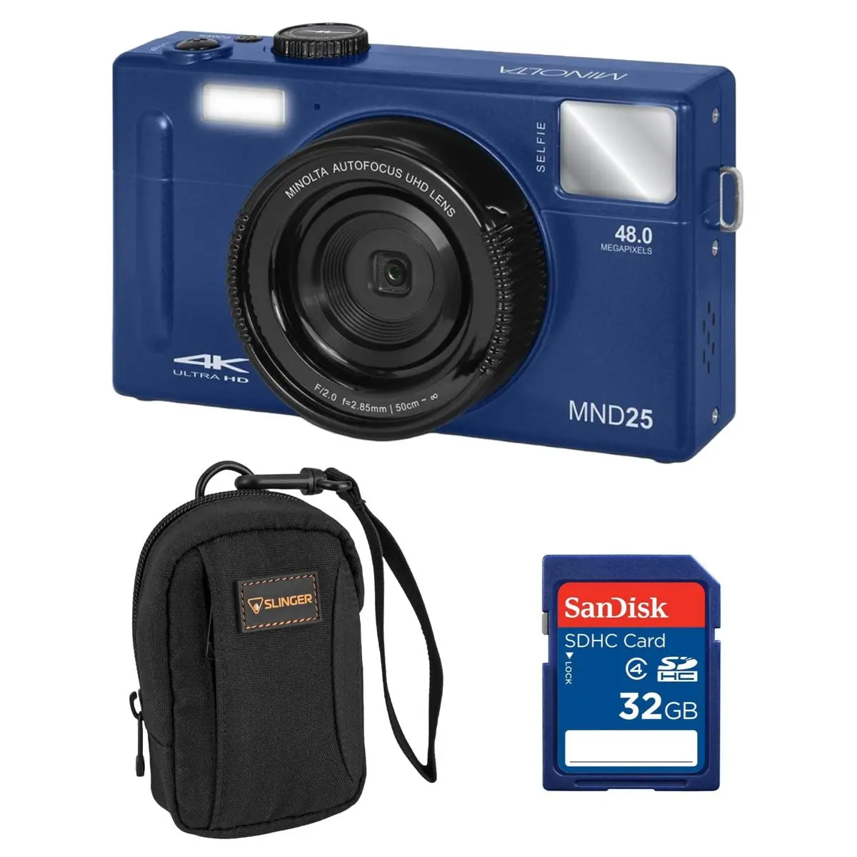 Minolta MND25 Digital Camera, 48 MP Autofocus, 4K Ultra HD Camera with Selfie Mirror & 32GB SD Card, Blue, Bundle with Slinger Camera Bag