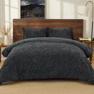 Warm Sherpa Fleece  Comforter Set,  Tufted  Dark Grey Bedding for Winter, Soft 3 count Shaggy Bed Set, 1 Comforter (90"x90") and 2 Pillowcases (20"x26")