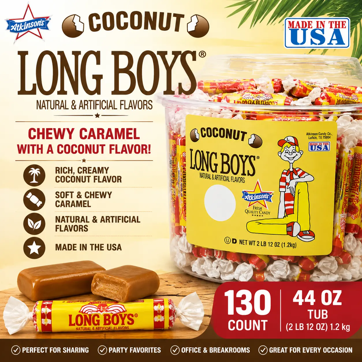 Atkinson Coconut Long Boy Caramel Candy Tub 44 oz 130 Count  Chewy Coconut Caramel Candy | Bulk Retro Treats for Sharing