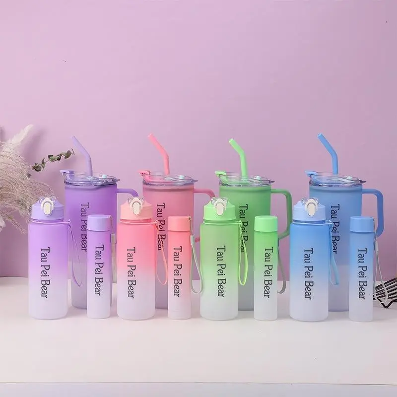 AMOCOCO 3-Piece Reusable Gradient Water Bottle Set - 40oz Large-Capacity Plastic Ice King Handle Bottle, Straw Sip Design, Portable for Car Use, Outdoor Carry Cup, Couple Drink Set, Water Bottles