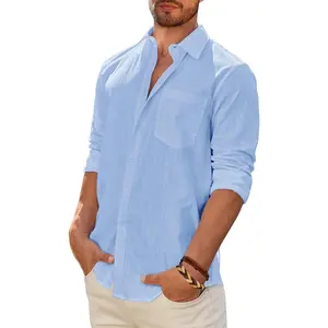 Mens Linen Textured Shirt Long Sleeve Casual Cotton Solid Regular Fit Wedding Summer Beach Button Down Shirt