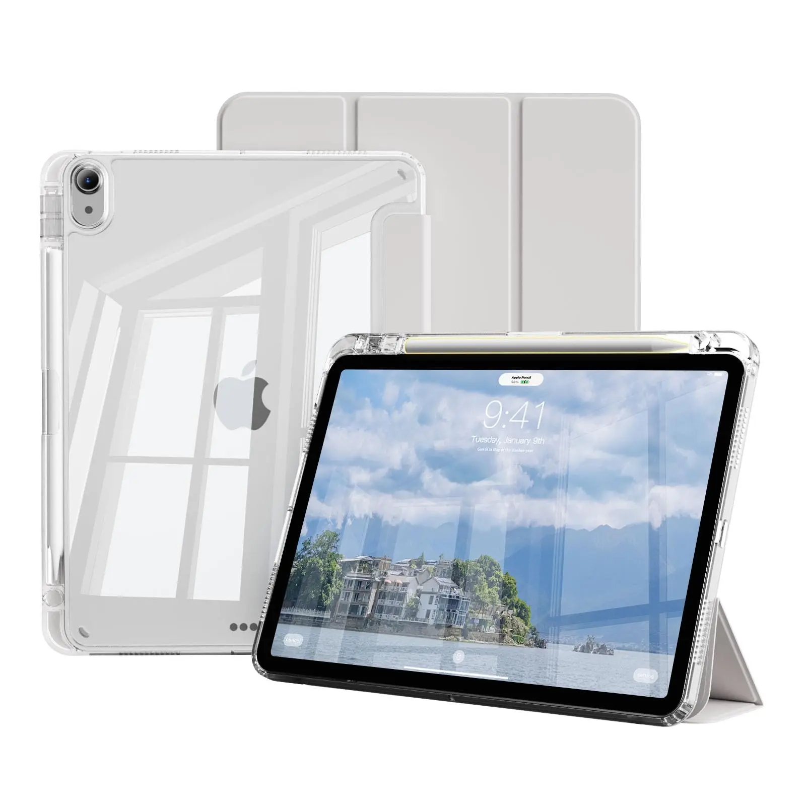 Suitable for iPad (A16) 11th generation/iPad 10(A14)/Mini6/7 (A17Pro)/4/5/Air6/Air7M4/M2/M3/iPad 7/8/9 ultra thin and lightweight protective case with pen slot, TPU hybrid transparent back panel, anti yellowing, automatic wake up/sleep
