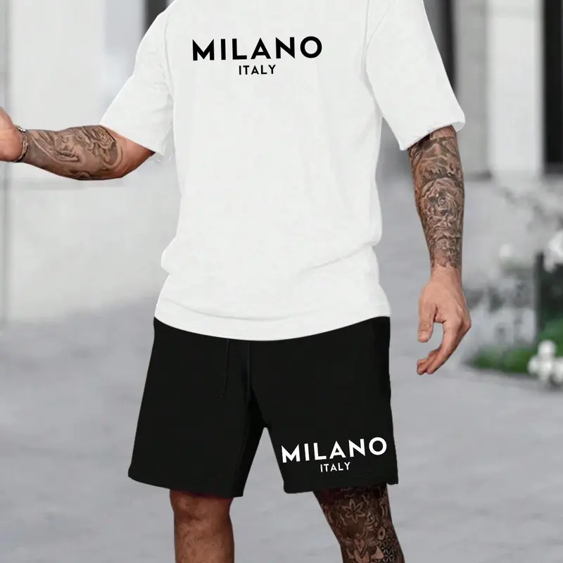 Two-Piece Set Men's Letter Print Tee & Drawstring Waist Shorts Pyjama, Crew Neck Short Sleeve T-Shirt & Pocket Track Shorts, Casual Comfy Men's Sleepwear Set for All Seasons Two Piece Loungewear