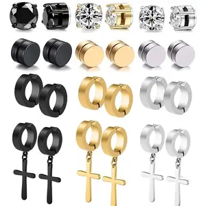 12pairs Magnetic Stainless Steel Non Pierced Earrings For Men Magnet CZ Clip On Dangle Earrings Set Earcuff Diy Jewelry Accessories