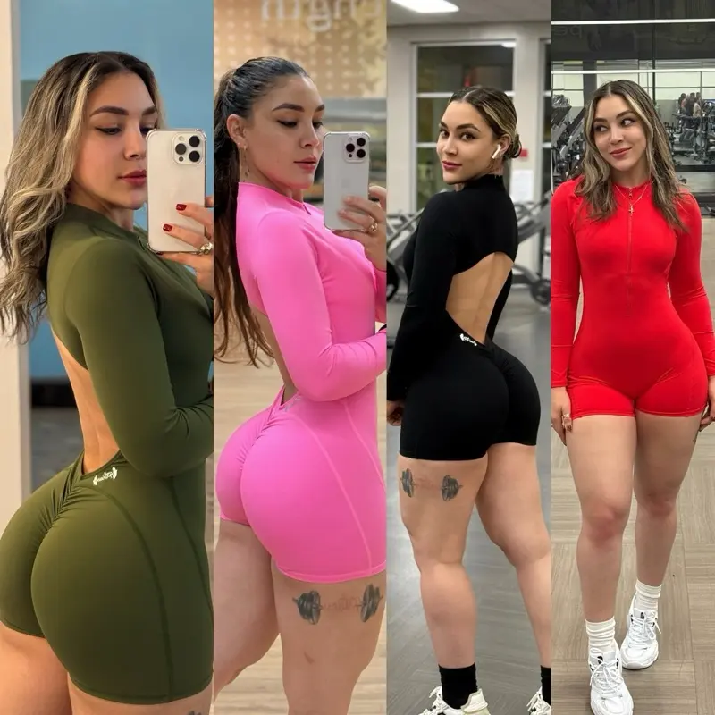 Long Sleeve Shorts Jumpsuits - 10 Vibrant Colors, Ultra Scrunch Butt Design, Removable Bra , Comfortable & Stylish