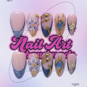 Delicatething Y2K Style Almond Nails, Handmade French Design Flower Nails, Decorative Nails, Beads, Jelly Glue Included, Acrylic Nails Kit, Perfect Gift for Women, Home Parties & Dates, Acrylic Nail Set