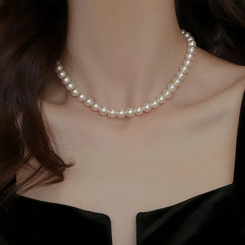Women's Handmade Pearl Choker Necklace - 16in Adjustable Chain, 8mm White Freshwater Pearls, Pearl-Embellished Classic Wedding Dainty Costume Jewelry Accessory