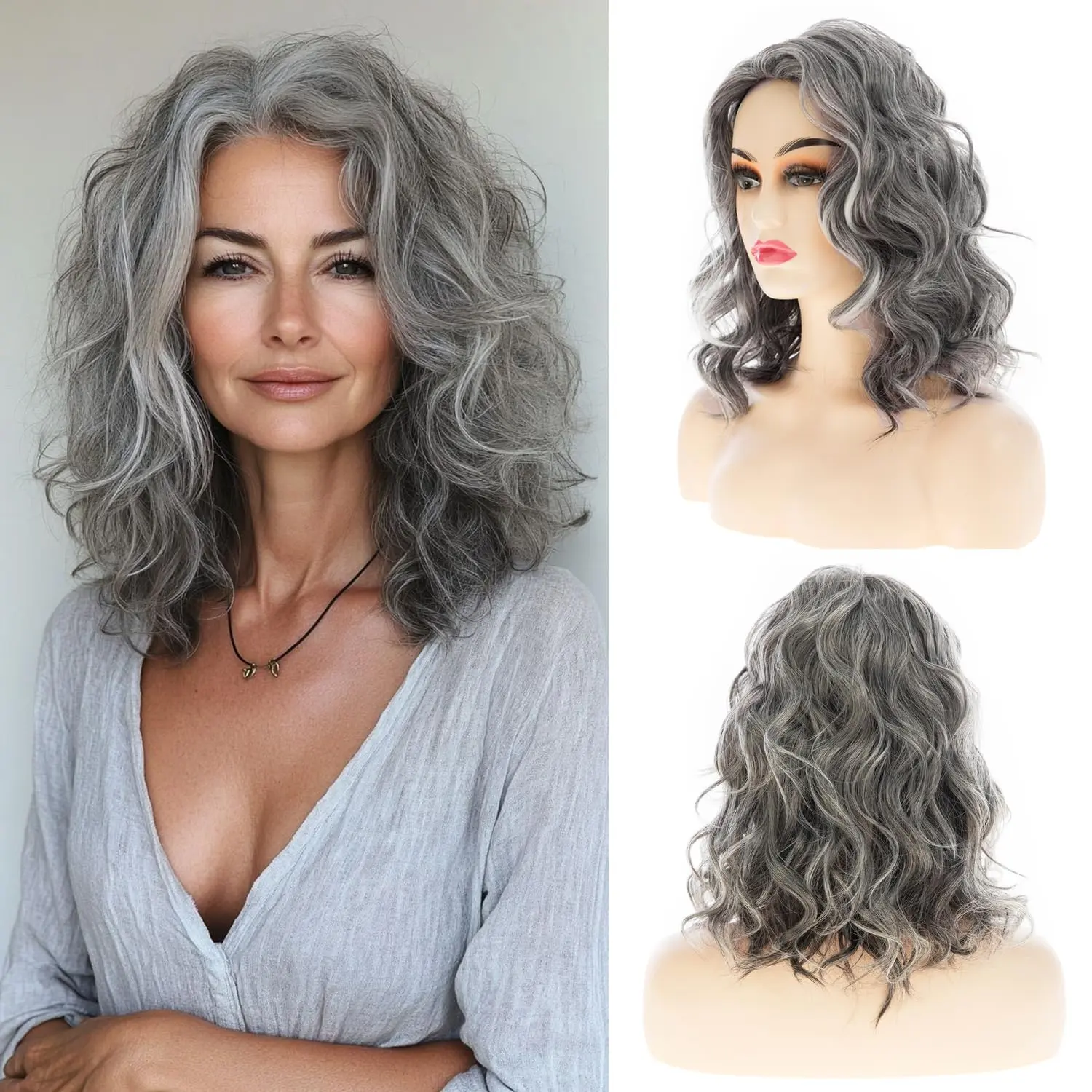 Women's Grey Wavy Synthetic Costume Wig - Medium Length Hair, Modern Curls, Natural Look, Lightweight for Daily Wear or Cosplay, Grey Wigs, Fiber Synthetic Curls, Synthetic Wavy Hairstyle