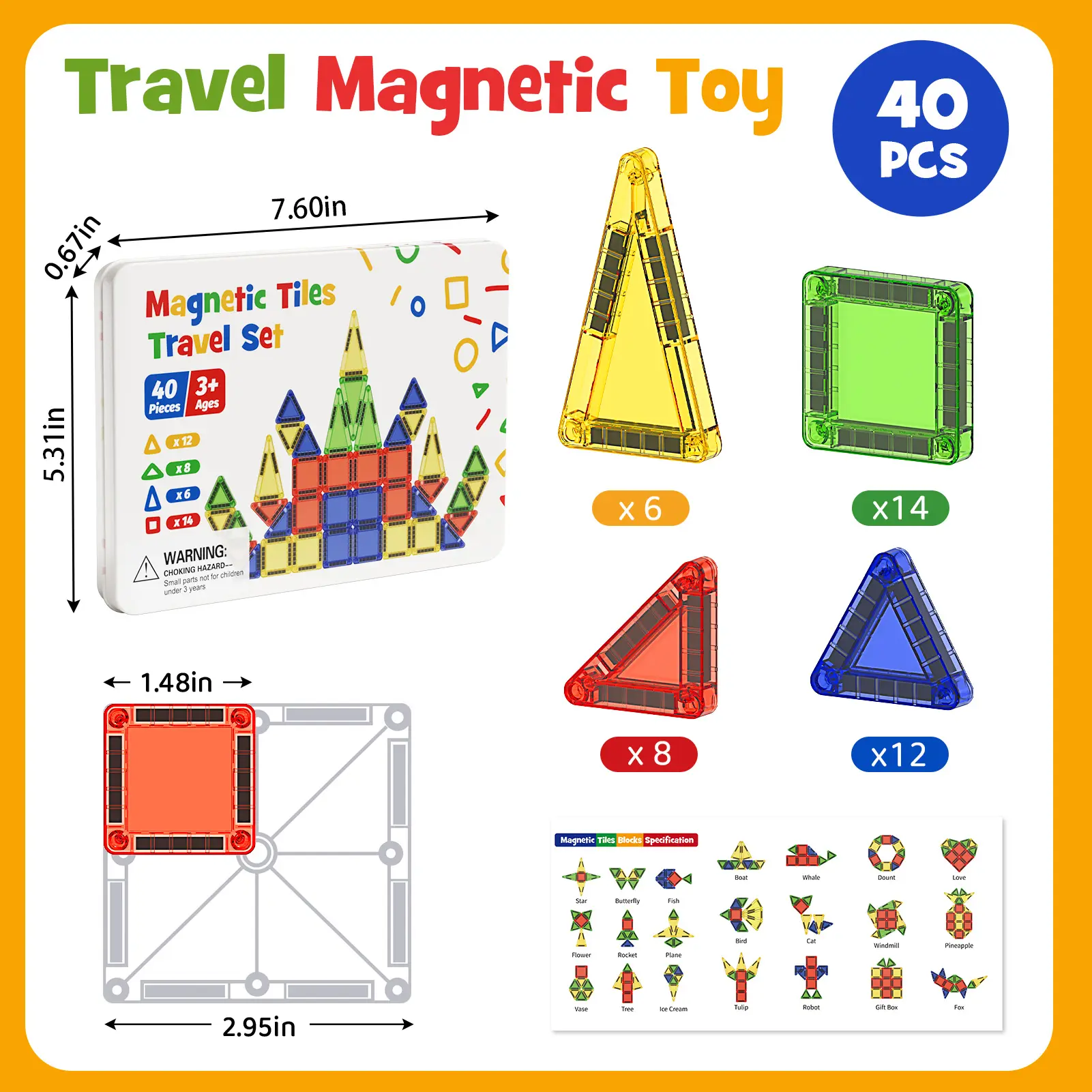 Magnetic tiles-40Pcs-Classic Color