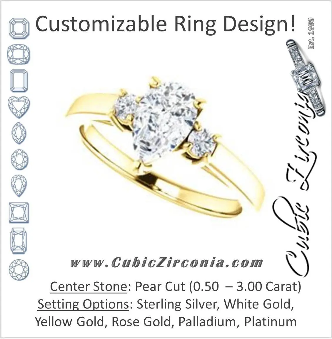 Cubic Zirconia Engagement Ring- The Jacqueline (Customizable Pear Cut 3-stone with Thin Band and Dual Round Prong Accents)