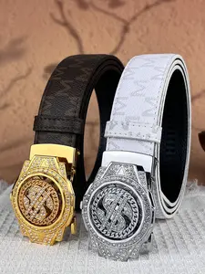 2026 New Belt Men's Automatic Buckle - Diamond USD Decorative Alloy Buckle, Casual Waist Belt, Rhinestone Buckles Belt, Men's Daily Accessories - Ideal Gift for Dad, Husband, Boyfriend (Father's Day, Valentine's Day, Christmas)