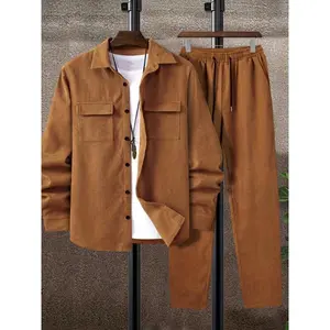 Men's Plus Size Casual Corduroy Outfit Set - Long Sleeve Button-Up Shirt