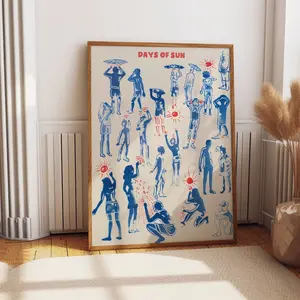 French Risograph Style Under the Sun Art Poster - Blue & Red Riso Painting, Waterproof Framed Wall Print, Artistic Photo with Storage Box, Home Decoration for Kitchen