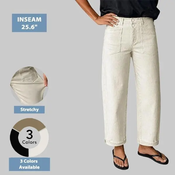 Flamingals Solid Patch Pocket Dual Button High Rise Straight Leg Pants Stretchy 25.6 Inseam