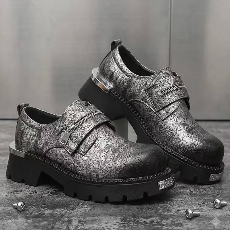 Men's Gothic Dress Shoes, Slip-On Loafers with Skull & Flower Embossed Pattern, PU Leather Chunky Platform Lug Sole, Vintage Punk Style Shoes for Business, Office, Party & Everyday Wear