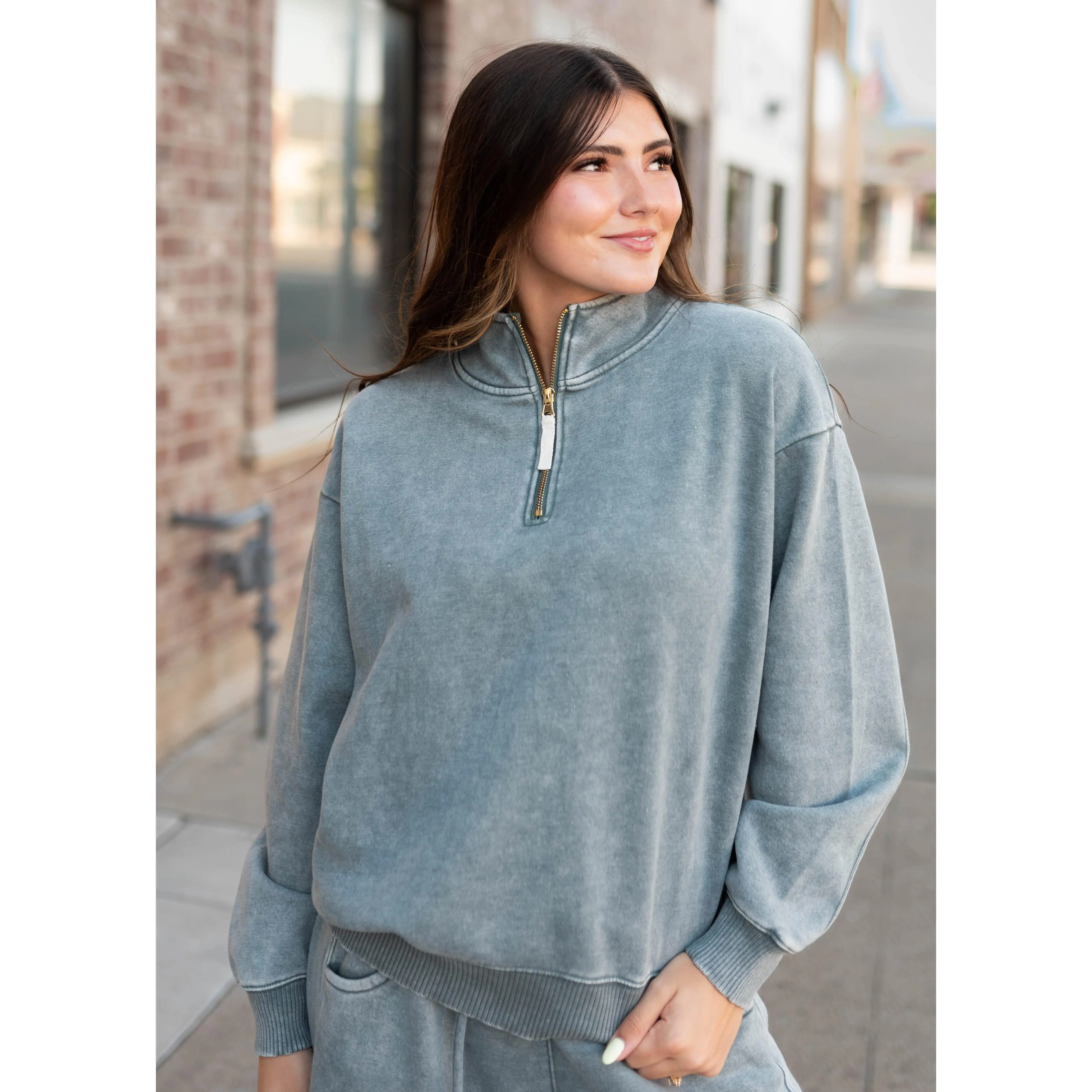 Anne Dusty Sage Quarter Zip Sweatshirt