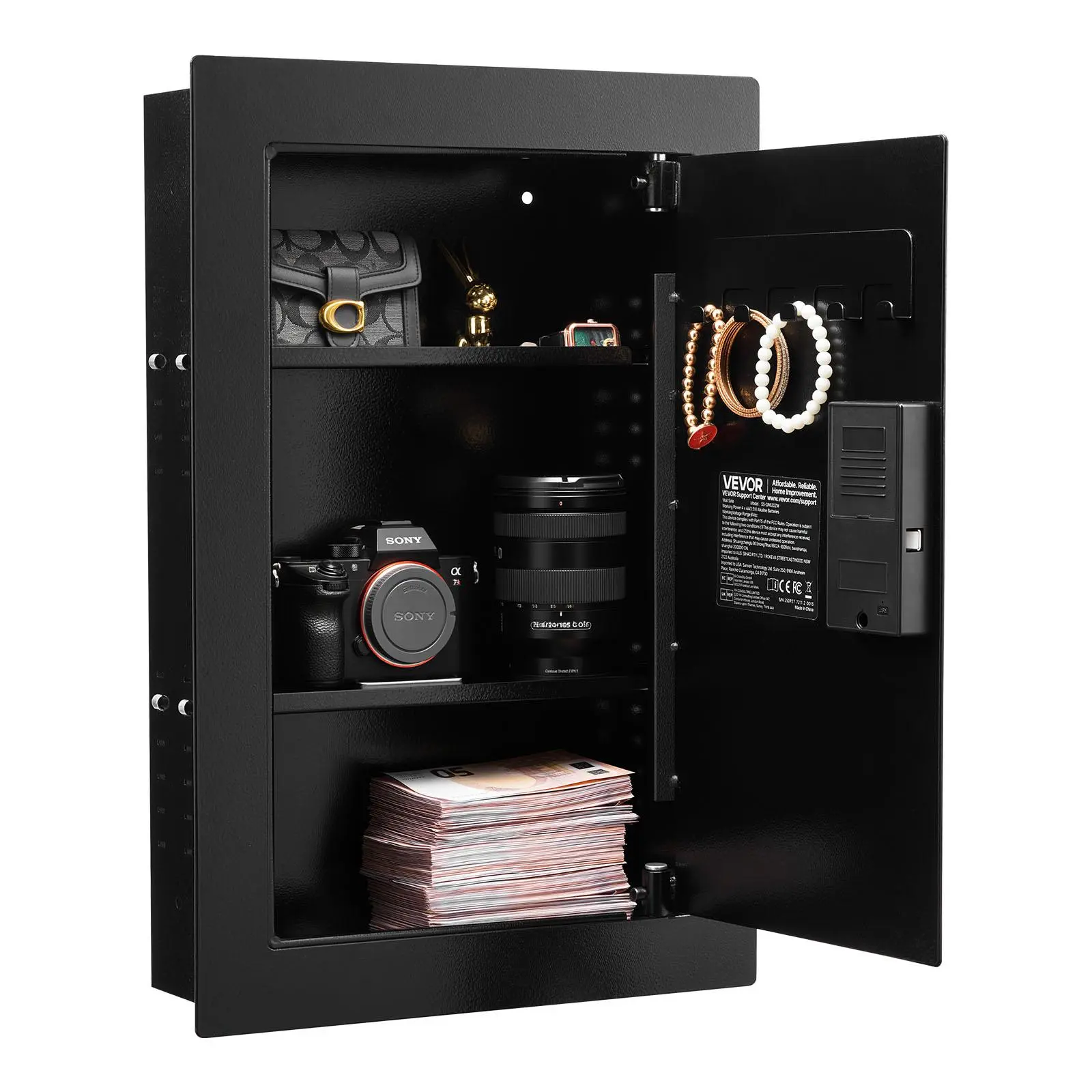 VEVOR Q235 Model Hidden Wall Safe, Q235 Cold Rolled Steel 3-Tier In-Wall Box with Fingerprint Lock, Password, Key, Turning Knob, Adjustable Shelf, Key Holder & Hidden Storage for Money, Jewelry