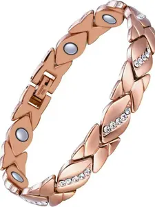 Women's Leaf Magnetic Bracelet, Pure Copper with Diamonds, 3500 Gauss, Stackable Bracelets