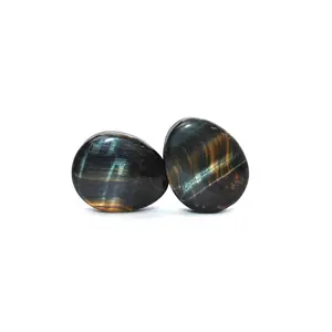 Blue Tiger Eye Plugs Pair, Handcrafted Tear Drop Double Flare Body Jewelry with Shimmering Chatoyant Bands