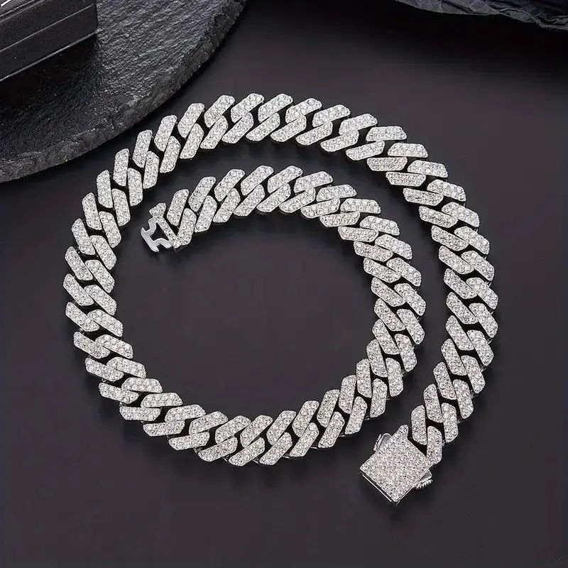 Iced Out Cuban Link Chain, 12MM Hip Hop Choker with Prong-Set Rhombus Diamonds, Chunky Necklaces for Men and Women, Chunky Necklace, Diamond Cut Chain, Cuban Link Design, Exquisite Chain Jewelry