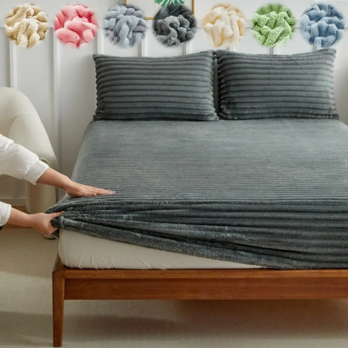 faux rabbit fur striped bedding set, Bedding sheets, Soft Comfy Bedding, soft and warm fitted sheet with 1/2 pillowcases, solid color three-piece sheet set, suitable for all seasons, perfect for home spaces, the ideal gift for the holidays