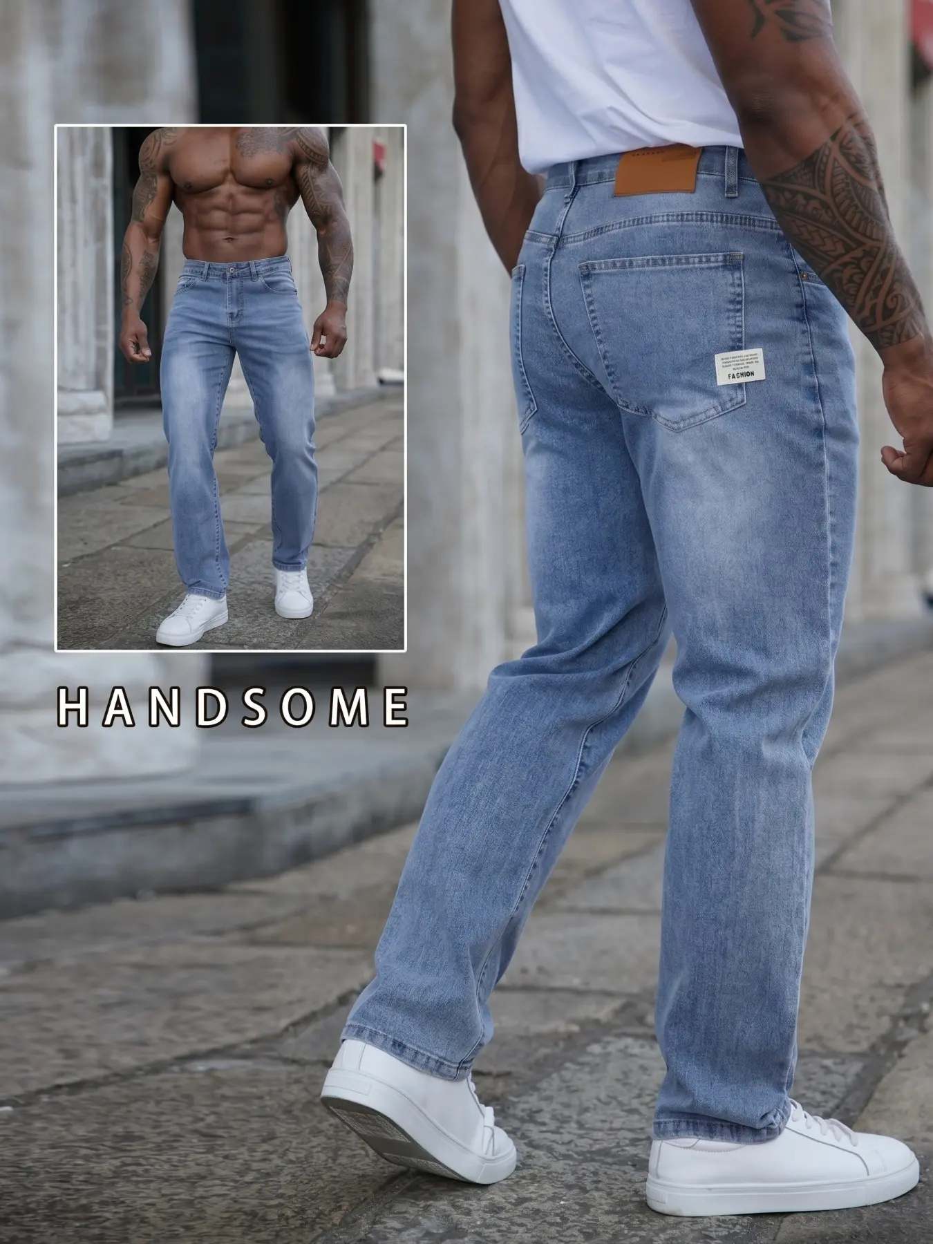 Men's Lightweight Breathable Stretchy Straight Leg Jeans Pants, Fashion Casual Jeans, Light Blue Classic Fit Elastic Denim Look Jeans, Vintage Wash Comfortable Summer Casual Jeans Pocket