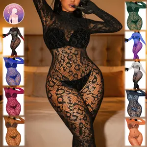 2026 New Women Flock Leopard Print Full Body Bodystocking, High Mock Neck Long Sleeve Stretch Fishnet Lingerie, Built-In Underwire Cup Crotchless See Through Slim Fit Bodysuit, Multi Color Boudoir Club Outfit Perfect Valentine’s Day Gift for Her