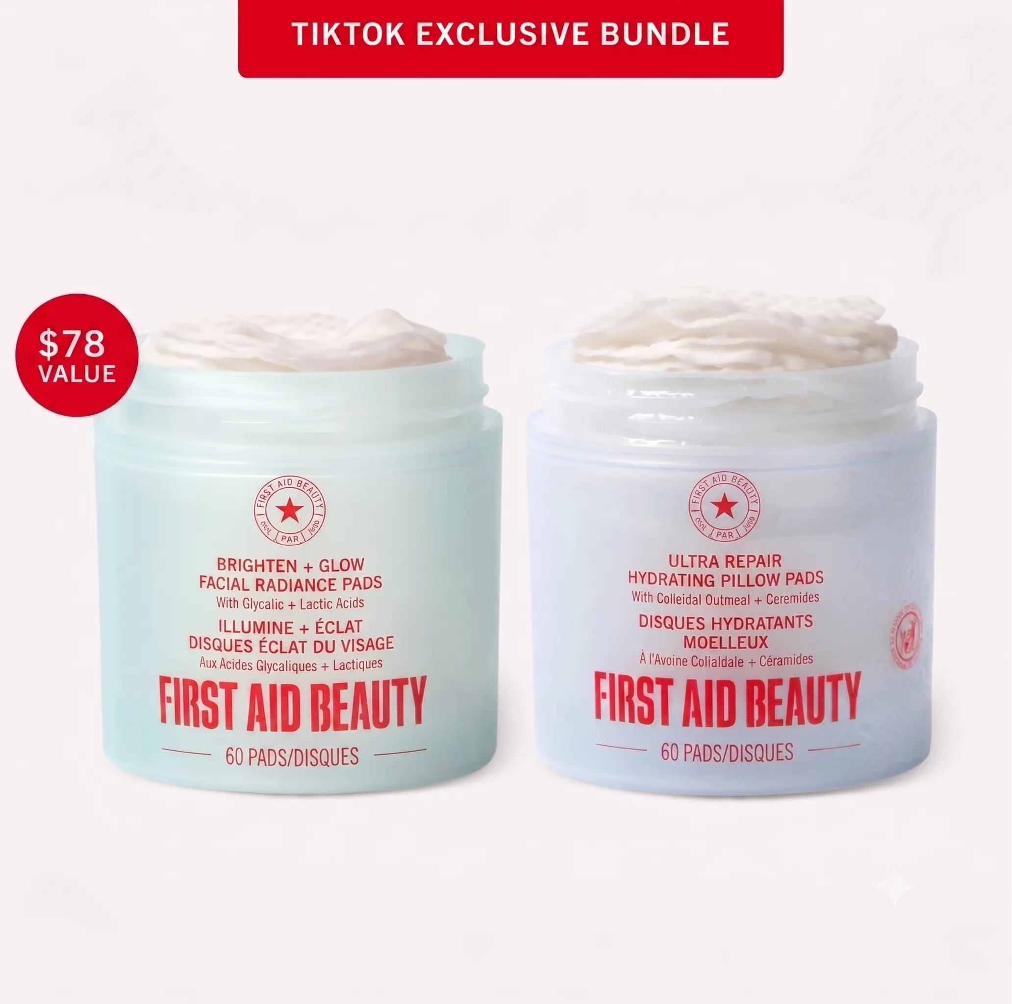 First Aid Beauty TTS Exclusive AM/PM Pads: Facial Radiance Pads 60ct & Hydrating Pillow Pads 60ct