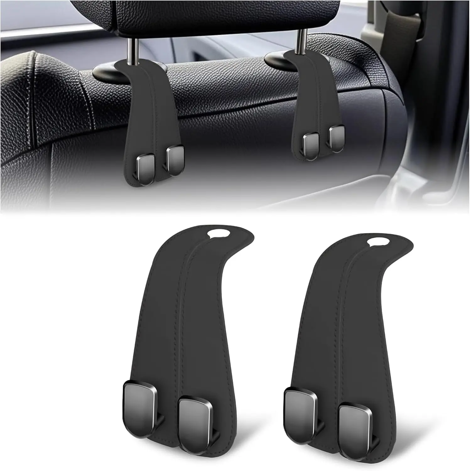 Premium Leather Car Seat Hooks 2 Packs Durable High-Tensile Hooks for Purses Bags Easy Installation Universal Fit Car Storage Organizer Black