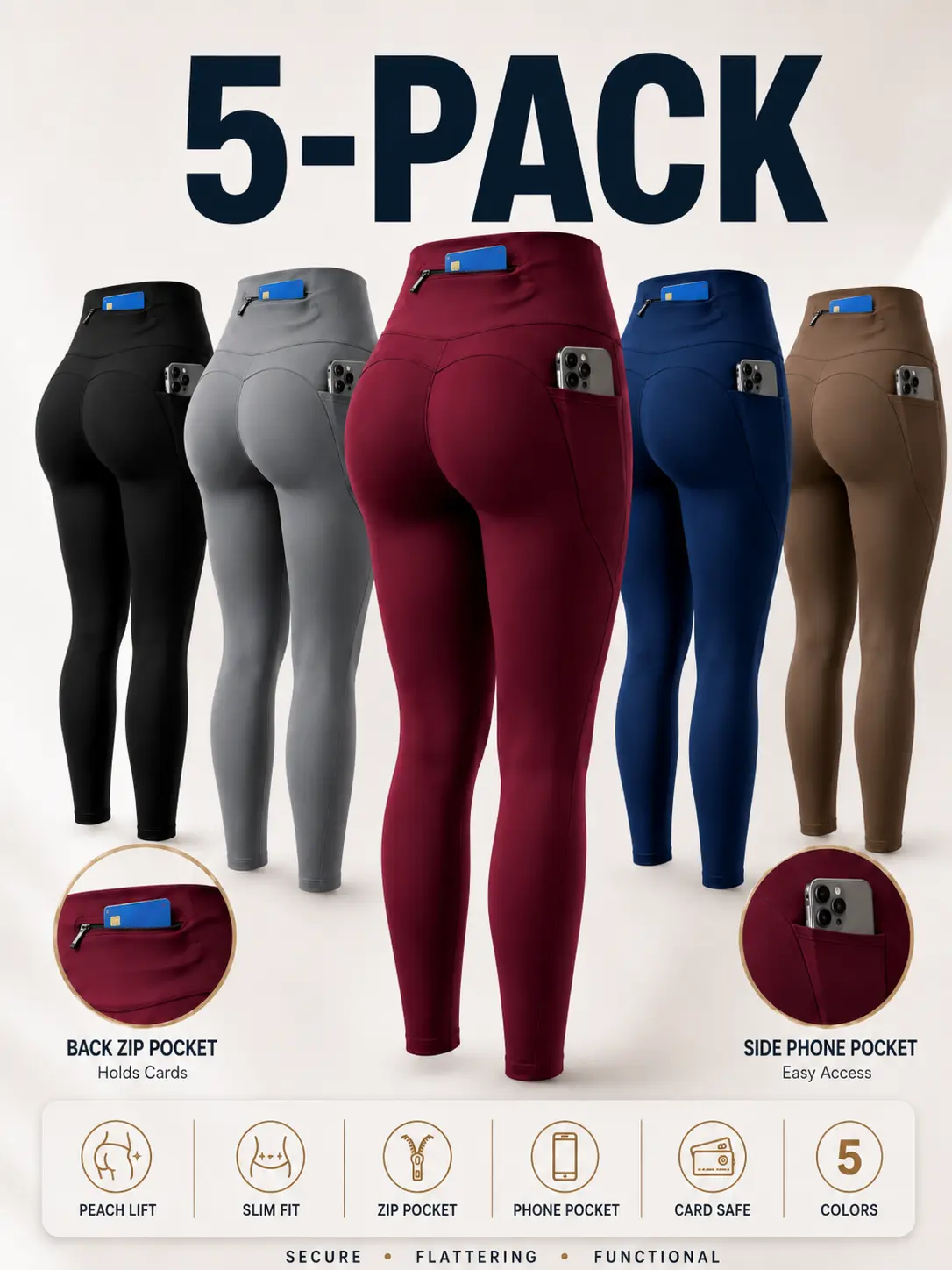 5 Pack High Waisted Leggings for Women - Zipper Pockets Moisture Wicking Butt Lifting Workout Yoga  fitness pant tiktokshopbacktoschool