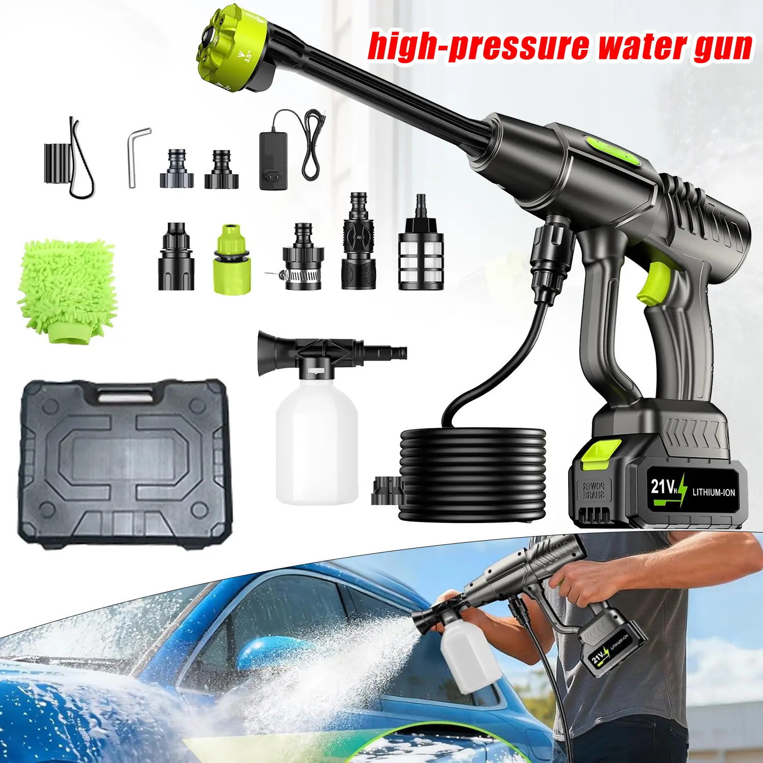 Cordless Battery Powered Pressure Washer, Brushless Motor with 30 Adjustable Speed Levels, 6-in-1 Nozzle & 16.5ft Hose, Portable Power Washer for Car, Home, Patio & Garden Cleaning