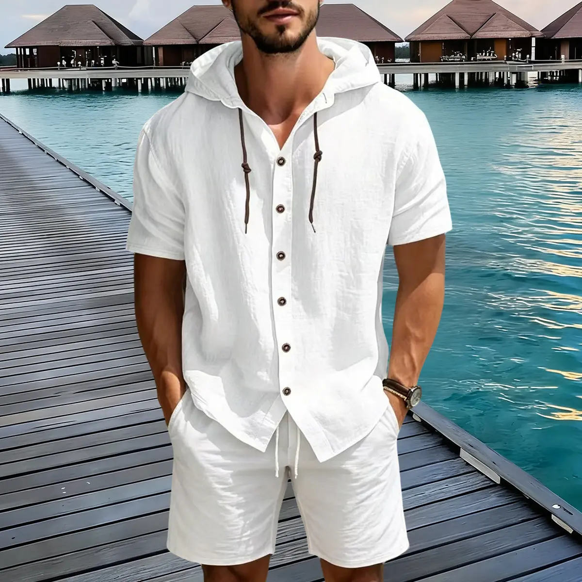 Men’s lightweight two-piece set with a hood, casual vacation style, loose and breathable thin fabric, hooded sweatshirt and wide-leg pants, for summer wear