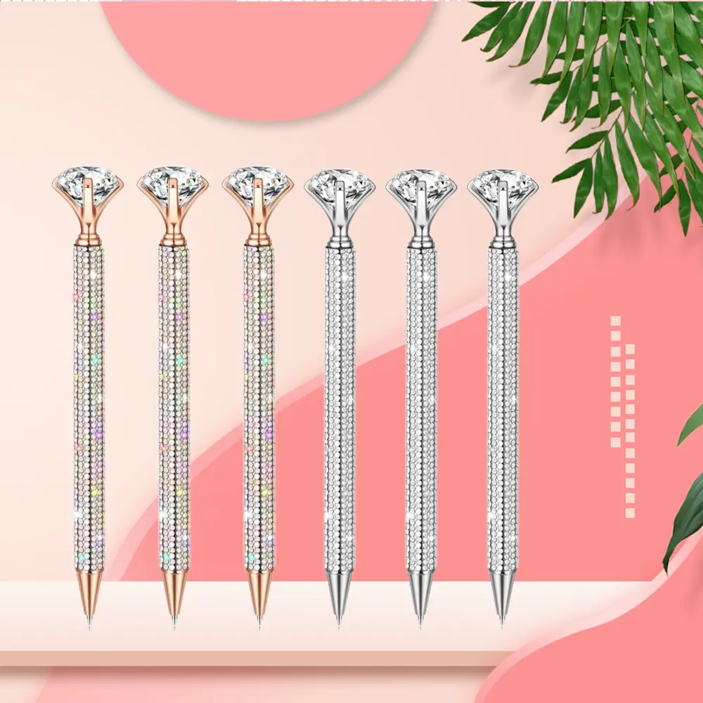 Set of 6 Elegant Metal Ballpoint Pens with Rhinestone Detail, Retractable Twistable Medium Point, Personalized Black Ink for Wedding Favors, Bridal Showers, Birthday Gifts, Party gifts