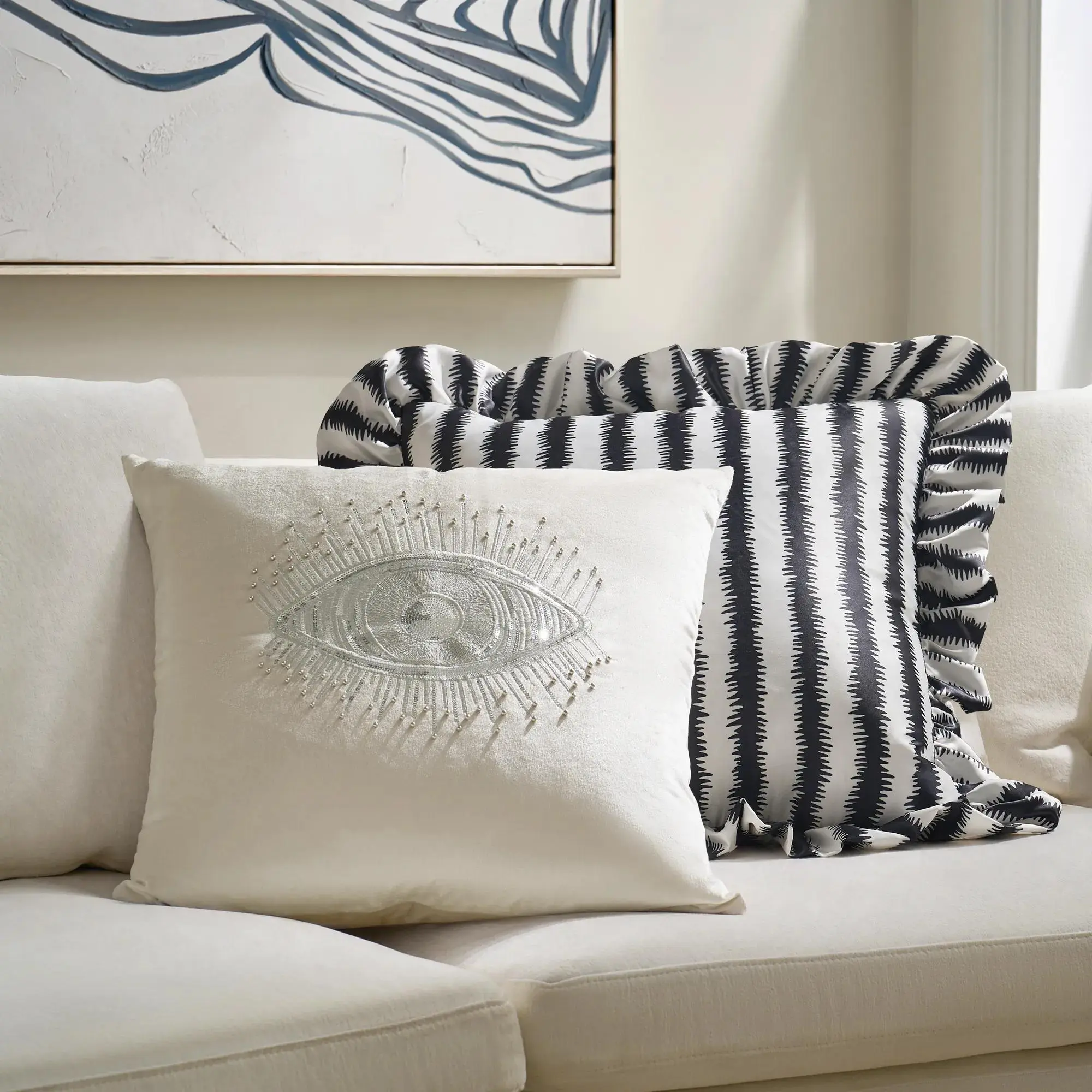 Z Gallerie Glam Eye Icon Embellished Velvet Pillow, 20in - Alabaster, for Room Decor, House Decor, Living Room Glamour Magic