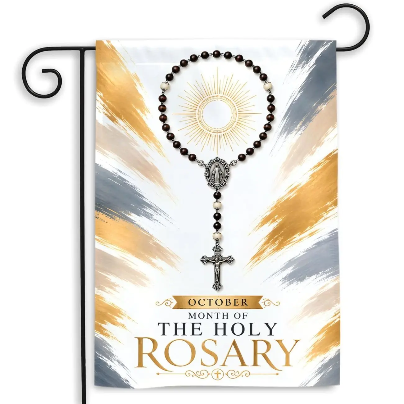 Holy Rosary Double-Sided Fabric Garden Flag, Blessed Virgin Mary Catholic Marian Yard Banner, Religious Art Outdoor Decor for Catholic Family Home