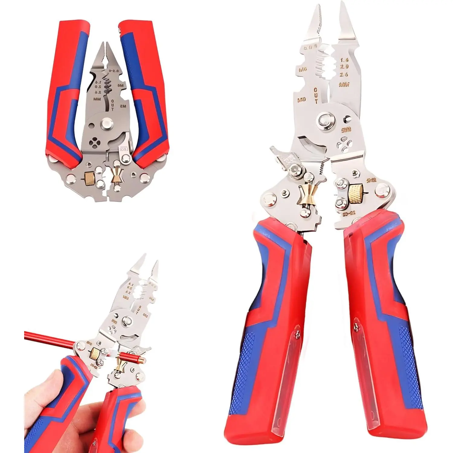 16-in-1 Wire Stripper Twister - Compact, Ergonomic & User-Friendly Automotive Car Repair Tool with Adjustable Split Line, Cable Cutting/Pulling, Voltage Testing (12-250V), LED Alarm & Scissors (Red)
