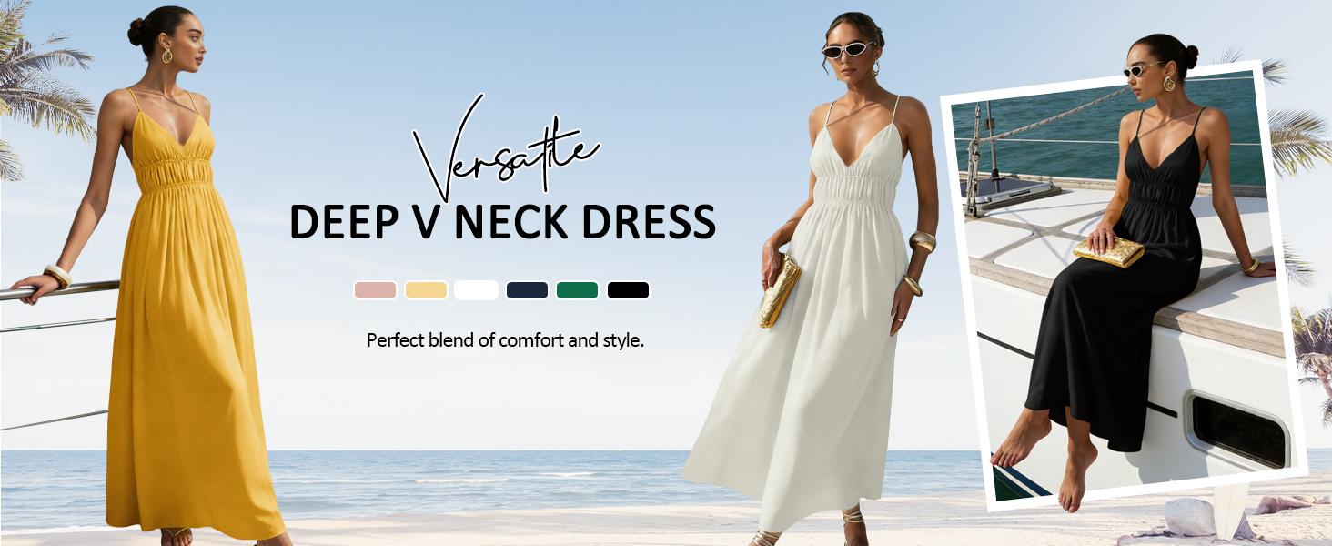 Yousify Women's Deep V-Neck Sleeveless Spaghetti Strap Ruched Flowy Maxi Sundress, Casual Wear Long Dress for Women, Basic Minimalist Plain Summer Beach Outfit