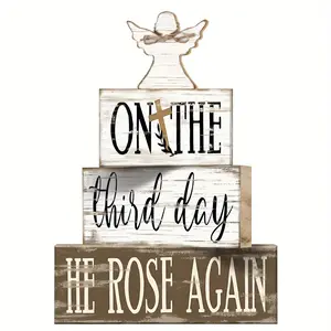 4pcs Easter Table Decor, He is Risen Tiered Tray Decorations, Set Easter Christian Spring Rustic, Farmhouse Wooden Stack Block Signs with Angel Lambs Religious Party Tabletop Decor for Home Office, Wooden Cross Decorations